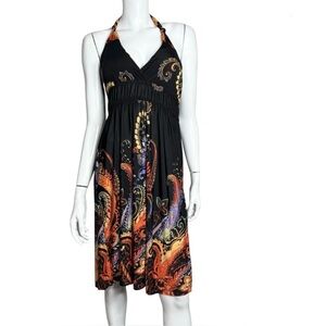 Shoreline Paisley‎ Black and Orange Backless Halter Midi Dress